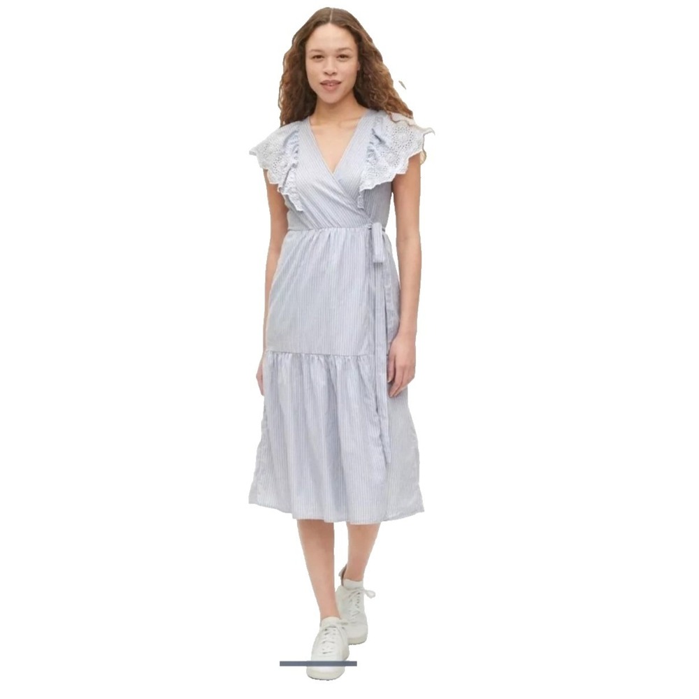 Gap Flutter Sleeve Midi Wrap Dress Blue/White Stripe Size XS New